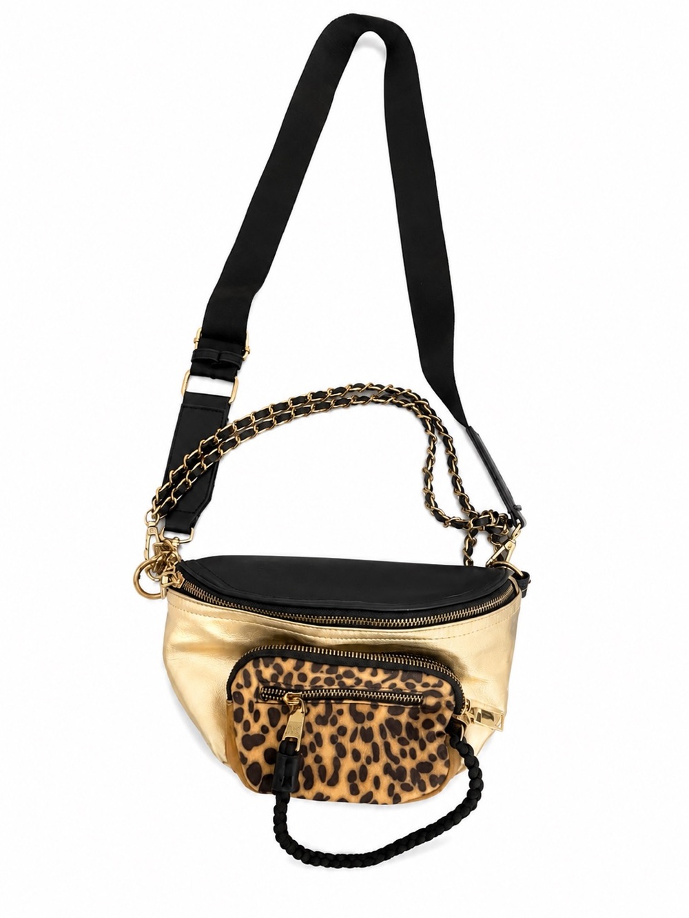 Steve Madden Gold and Leopard Print Multi-Pocket Fannypack/Crossbody Bag